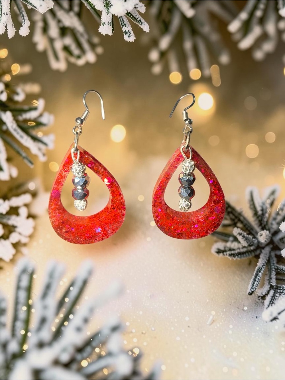 Handmade Ruby Red Glitter Resin Teardrop Earrings | Sparkling Holiday Jewelry - Picture 3 of 5